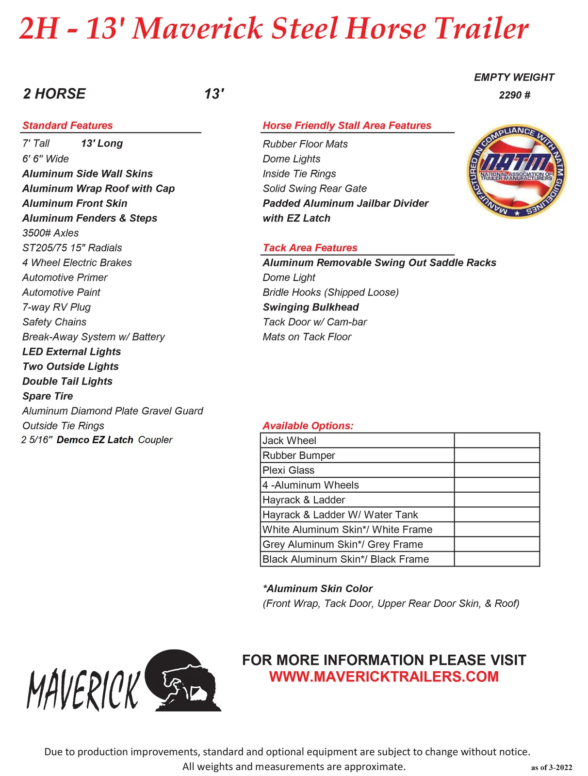 Maverick 2 Horse 13' Trailers Brochure